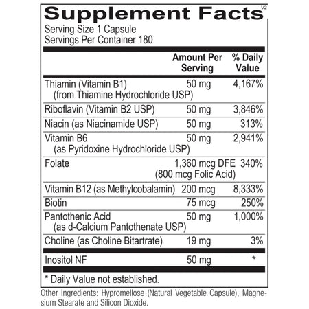 Ortho B Complex ingredients and supplement facts label showing B-vitamin amounts per capsule