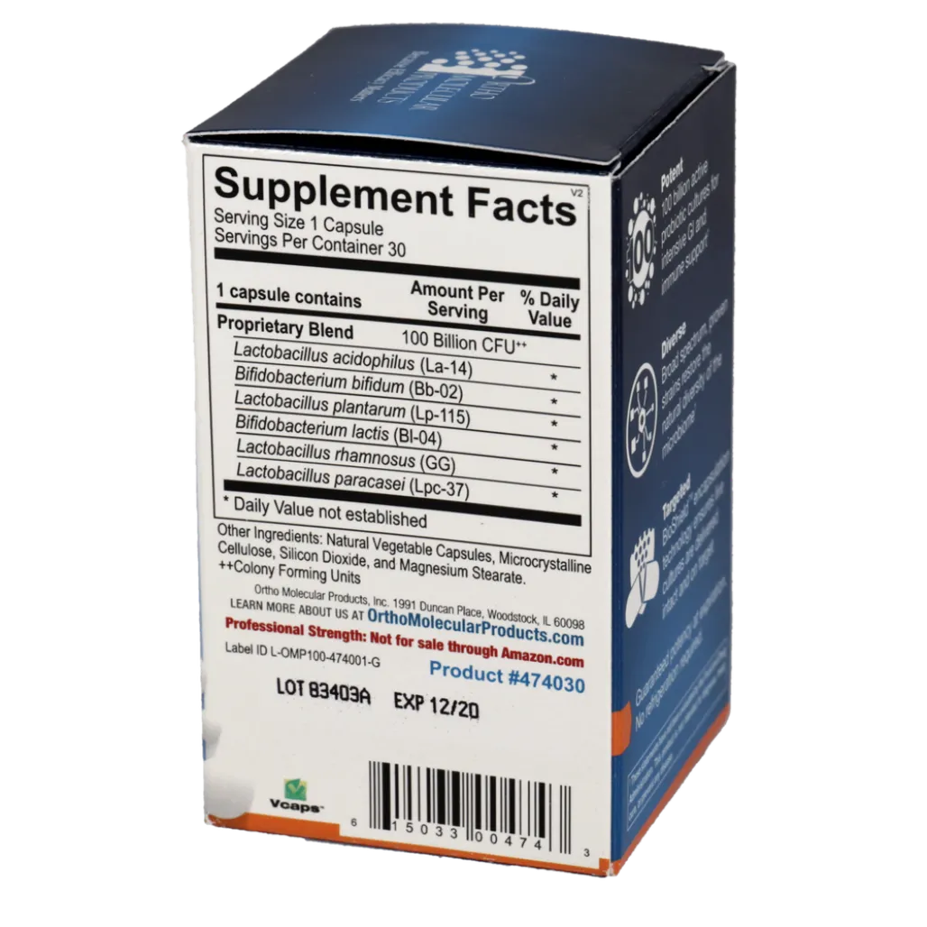 Supplement facts and ingredients label of Ortho Biotic 100 – probiotic formula for digestive and immune health