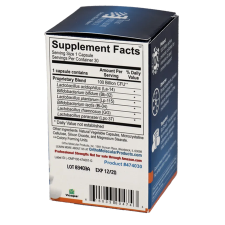 Supplement facts and ingredients label of Ortho Biotic 100 – probiotic formula for digestive and immune health