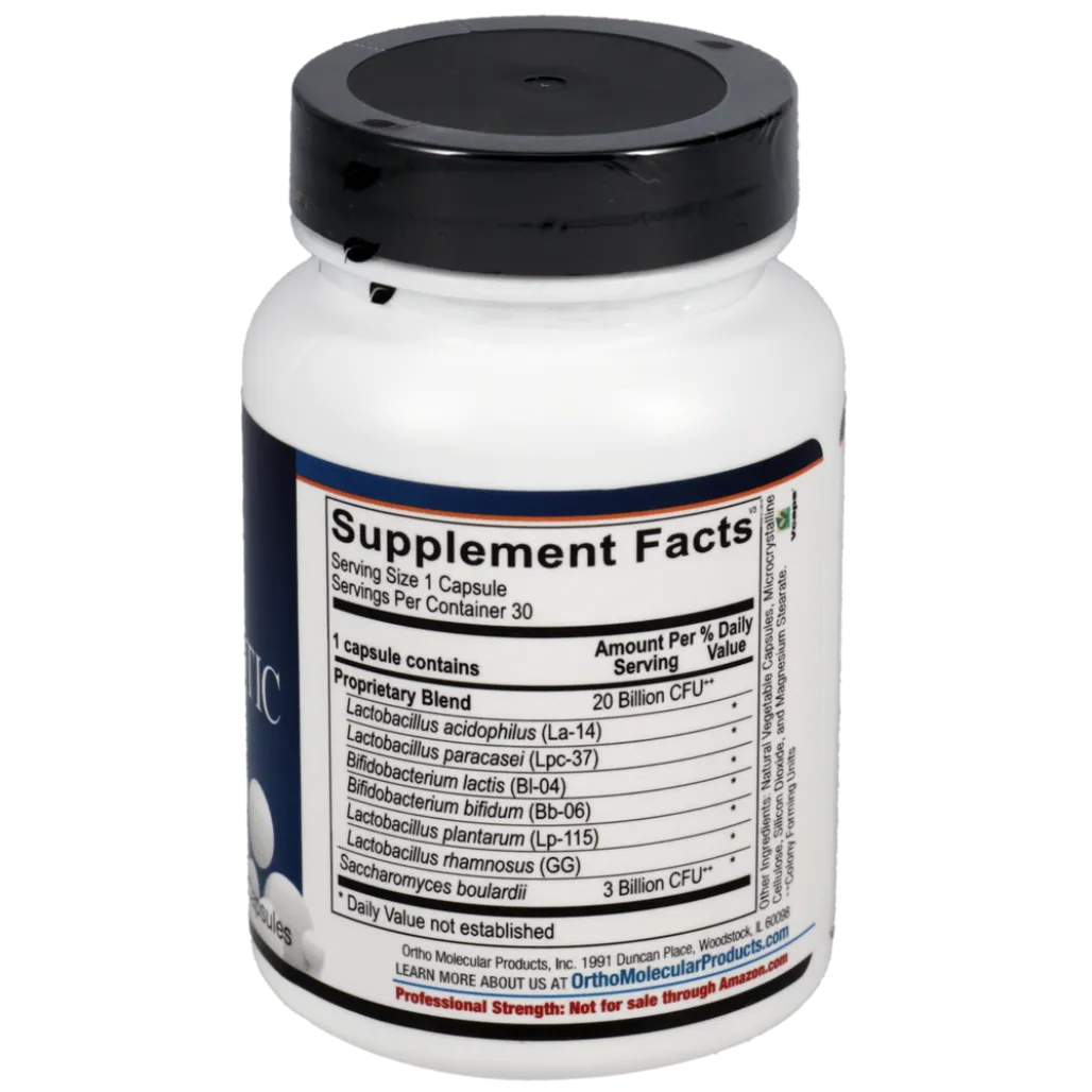 Ortho-Biotic ingredients and supplement facts label showing probiotic strains and other capsule components.
