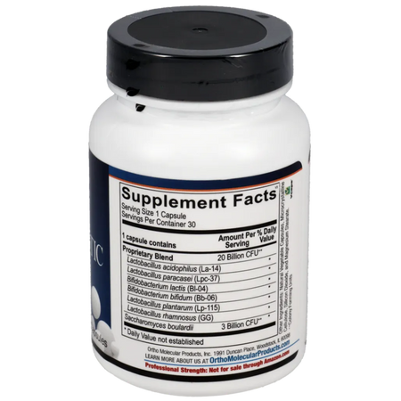 Ortho-Biotic ingredients and supplement facts label showing probiotic strains and other capsule components.