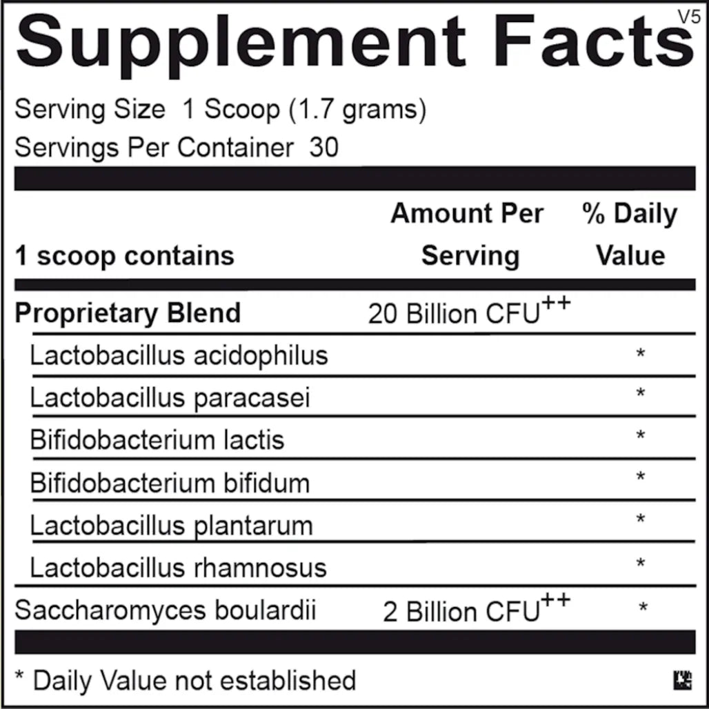 supplement facts for Ortho Biotic Powder probiotic formula showing active bacterial strains and excipients per serving