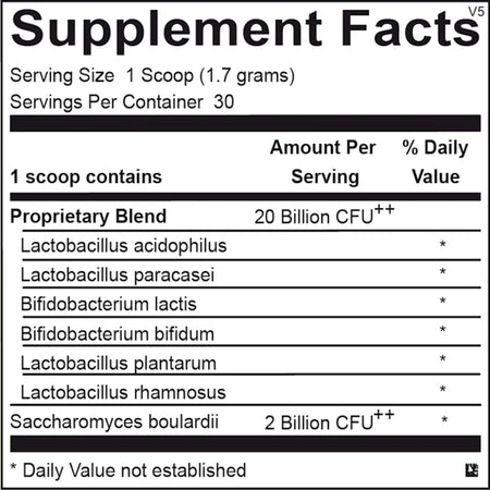 supplement facts for Ortho Biotic Powder probiotic formula showing active bacterial strains and excipients per serving