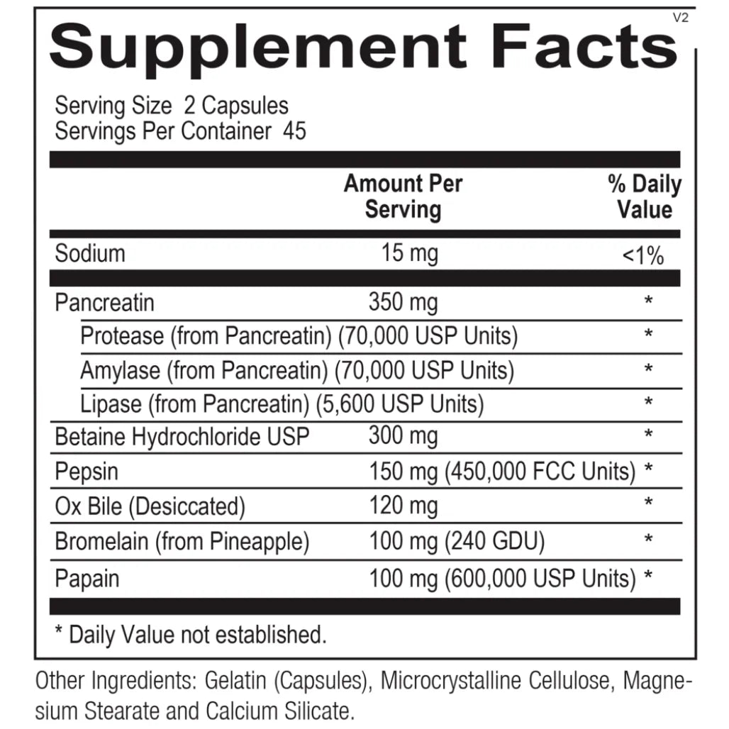 Ortho Digestzyme supplement ingredient list with enzymes and cofactors
