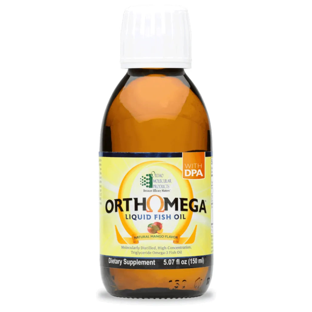 Orthomega Liquid Fish Oil Mango flavored omega-3 supplement bottle