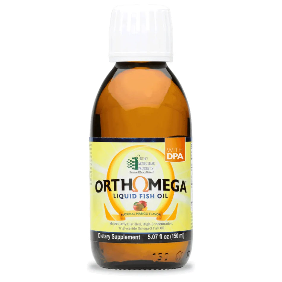 Orthomega Liquid Fish Oil Mango flavored omega-3 supplement bottle
