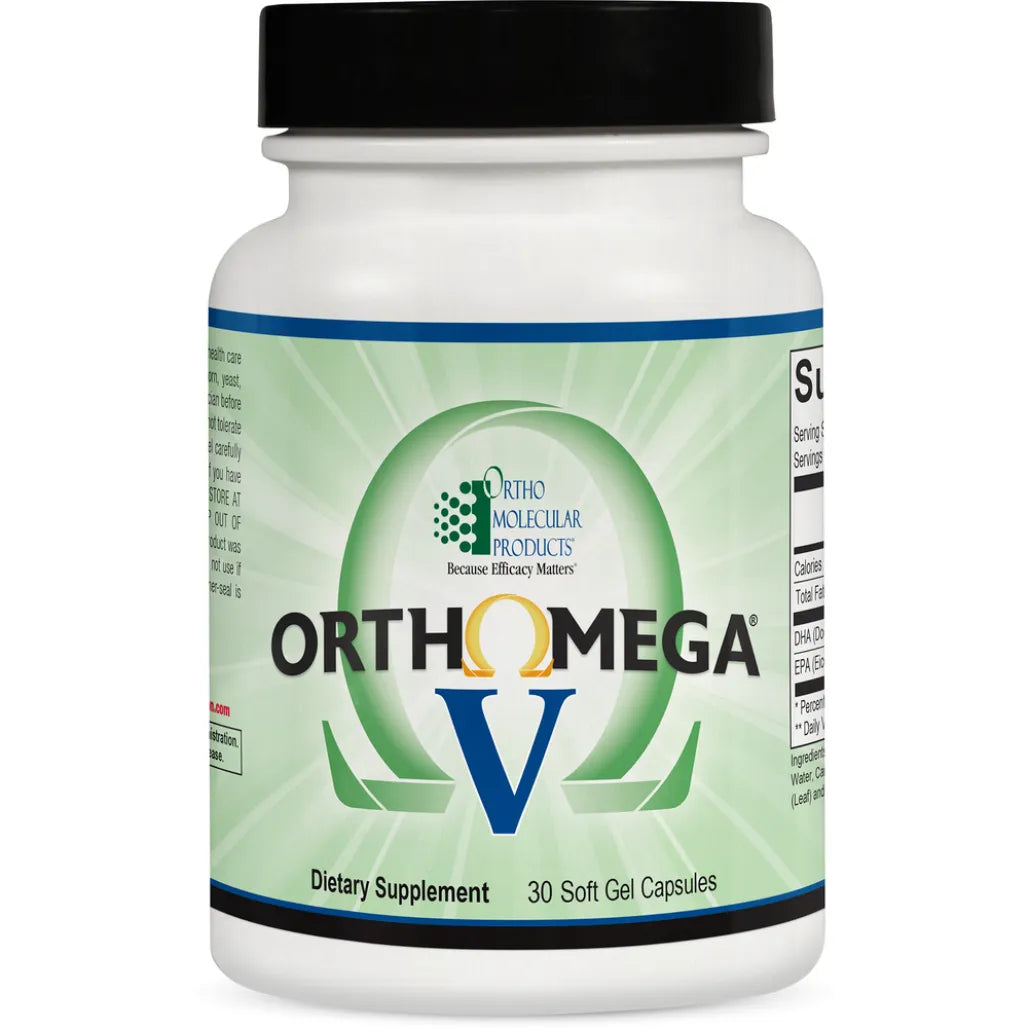 Orthomega V vegan omega-3 supplement bottle from Ortho Molecular Products