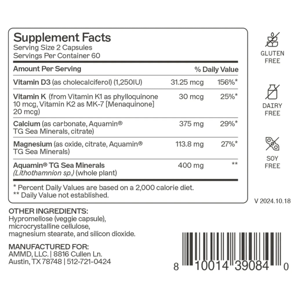 Supplement Facts label of AM MD OsteoDura showing vitamin D3, vitamin K, calcium, magnesium, Aquamin TG sea minerals, and other ingredients