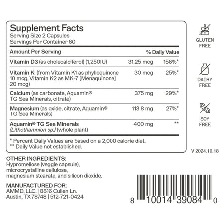 Supplement Facts label of AM MD OsteoDura showing vitamin D3, vitamin K, calcium, magnesium, Aquamin TG sea minerals, and other ingredients