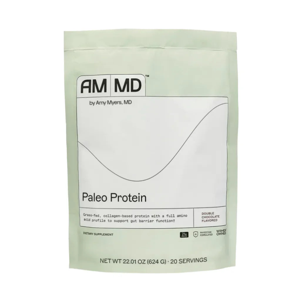 Amy Myers MD Double Chocolate Paleo Protein powder in a 22.01 oz pouch, containing 21g of grass-fed collagen protein per serving for muscle and gut