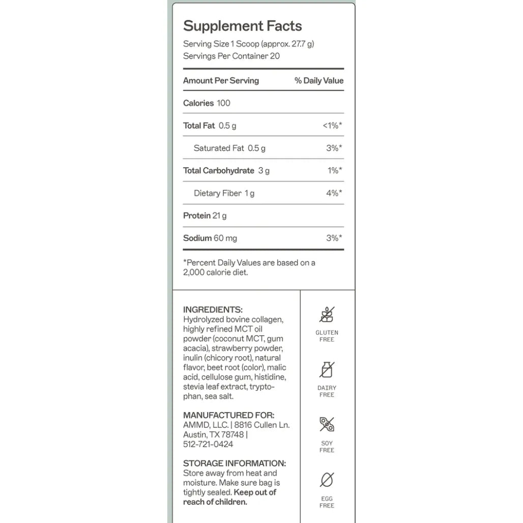 Paleo Protein nutrition facts for Strawberries & Cream flavor, featuring 21g of protein per serving and a full amino acid profile.