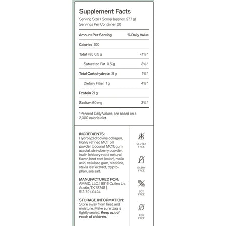 Paleo Protein nutrition facts for Strawberries & Cream flavor, featuring 21g of protein per serving and a full amino acid profile.
