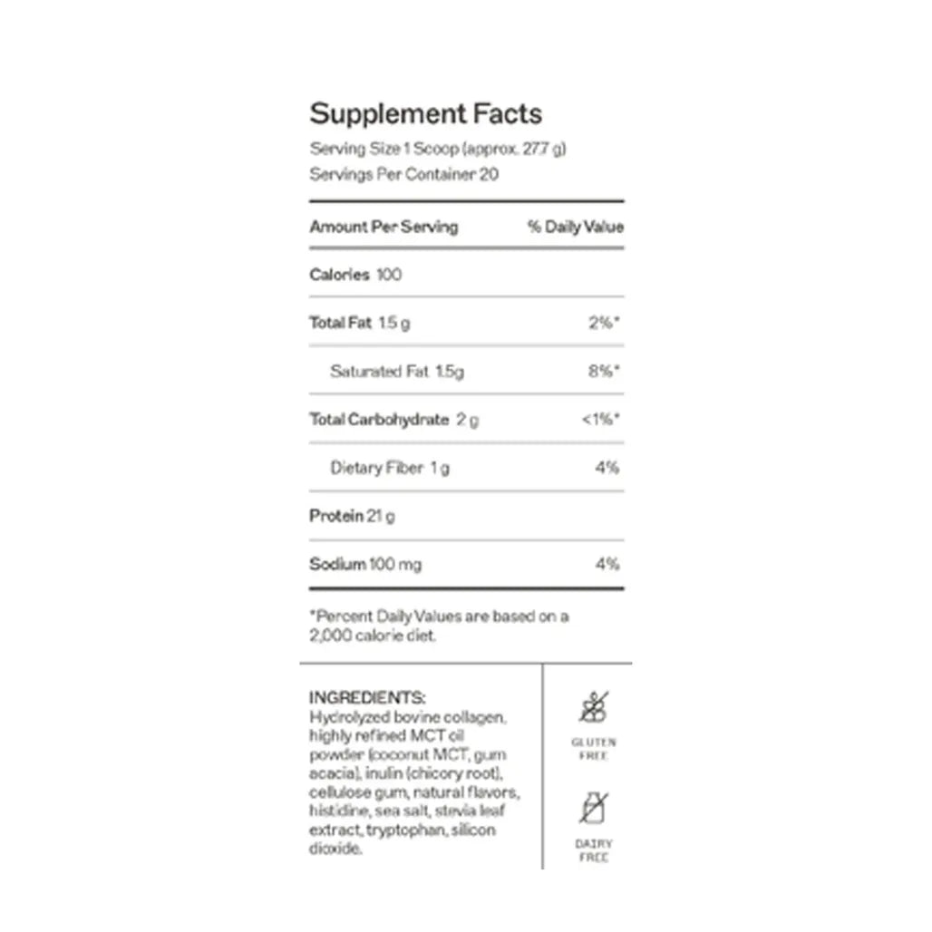 Supplement facts for Vanilla Paleo Protein showing a grass-fed, collagen-based protein with a full amino acid profile.