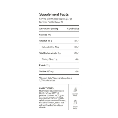 Supplement facts for Vanilla Paleo Protein showing a grass-fed, collagen-based protein with a full amino acid profile.