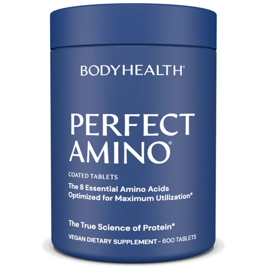 BodyHealth Perfect Amino coated tablets bottle – essential amino acid supplement for muscle recovery, protein synthesis, and strength support