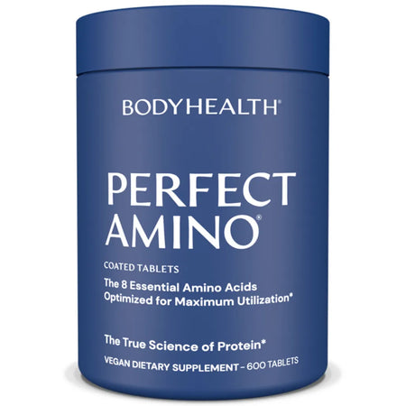BodyHealth Perfect Amino coated tablets bottle – essential amino acid supplement for muscle recovery, protein synthesis, and strength support