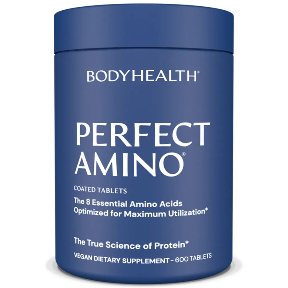 BodyHealth Perfect Amino coated tablets bottle – essential amino acid supplement for muscle recovery, protein synthesis, and strength support