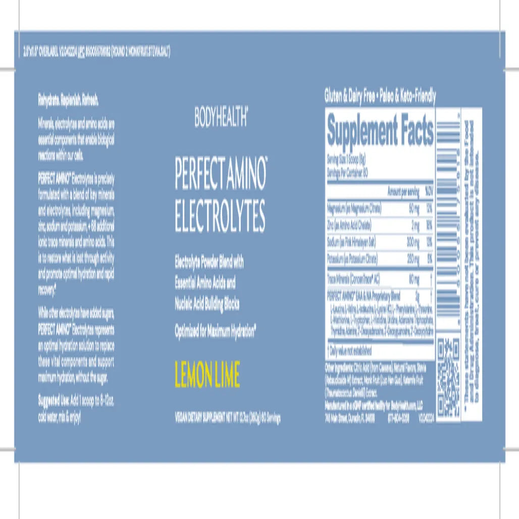 BodyHealth Perfect Amino Electrolytes supplement facts label showing amino acids, electrolytes, and hydration formula for fitness and muscle support