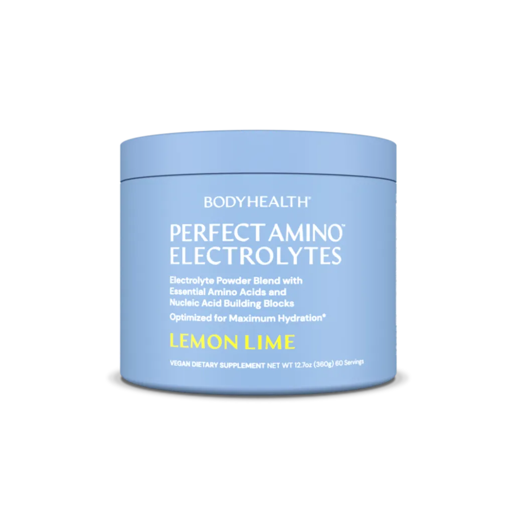BodyHealth Perfect Amino Electrolytes powder – vegan lemon lime hydration supplement with essential amino acids for workout recovery and energy