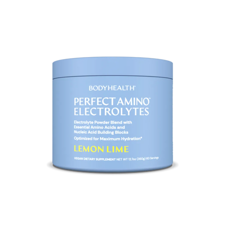 BodyHealth Perfect Amino Electrolytes powder – vegan lemon lime hydration supplement with essential amino acids for workout recovery and energy