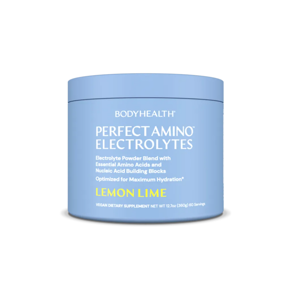 BodyHealth Perfect Amino Electrolytes powder – vegan lemon lime hydration supplement with essential amino acids for workout recovery and energy