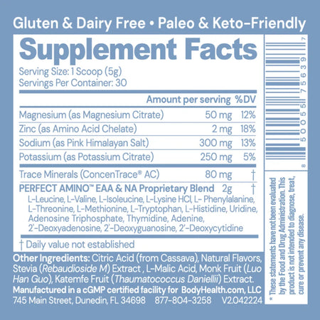 Supplement facts and ingredients for BodyHealth Perfect Amino Electrolytes - Includes Magnesium Citrate, Pink Himalayan Salt, Potassium, and EAAs - Gluten-free, Keto, and Paleo friendly