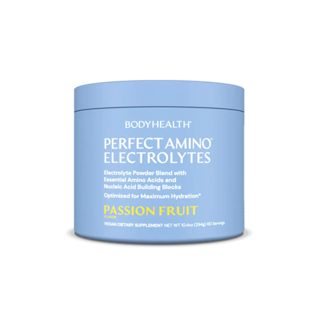 BodyHealth Perfect Amino Electrolytes Passion Fruit flavor - Vegan electrolyte powder blend with essential amino acids and nucleic acid building blocks - 60 servings for maximum hydration