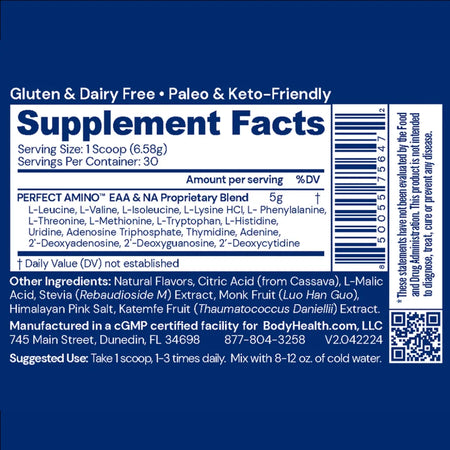 Perfect Amino Powder Mixed Berry Nutrition Facts Panel Detailing Essential Amino Acid Blend and Ingredients