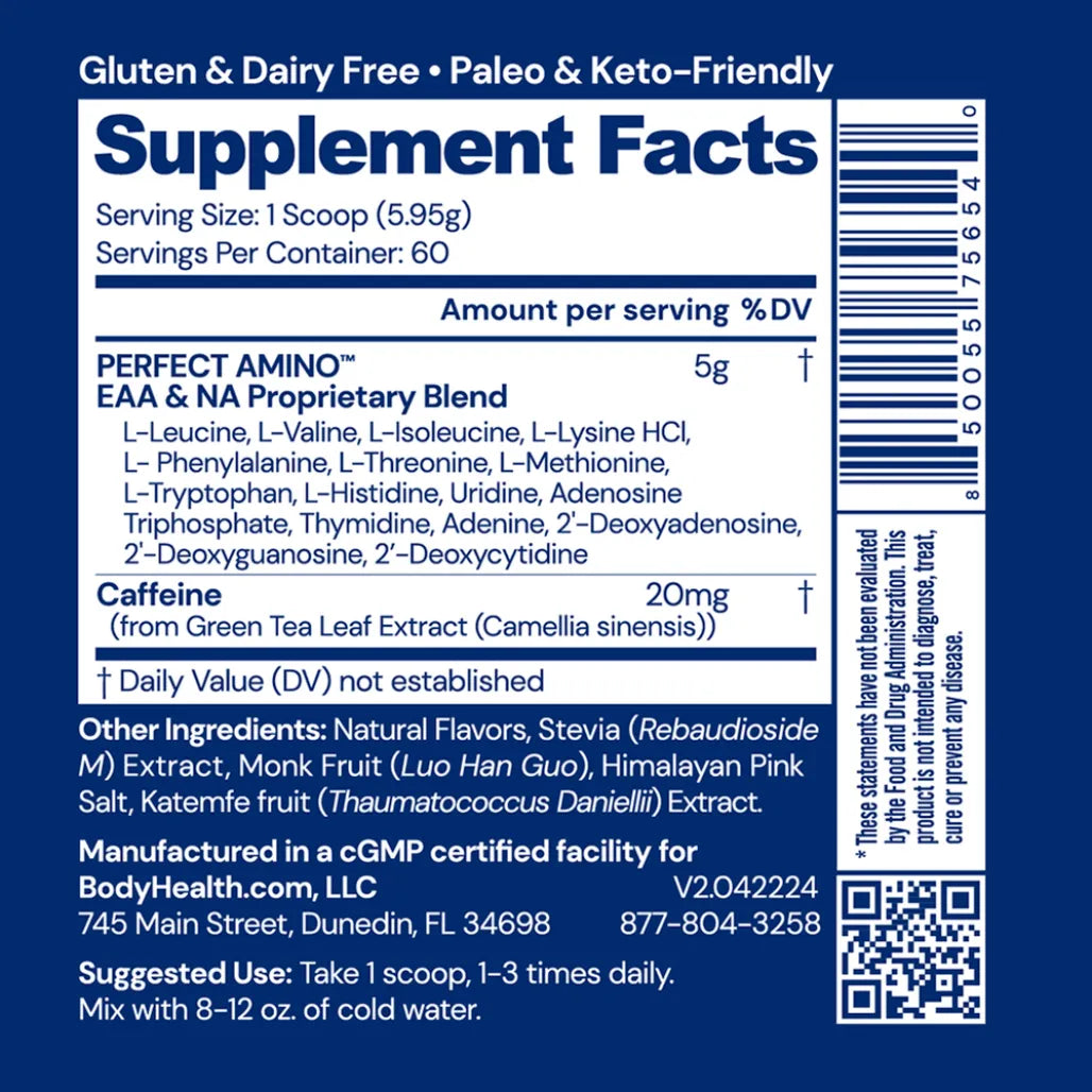 Perfect Amino Powder Mocha Nutrition Facts Panel Showing Essential Amino Acid Blend and Ingredient Details