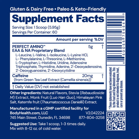 Perfect Amino Powder Mocha Nutrition Facts Panel Showing Essential Amino Acid Blend and Ingredient Details