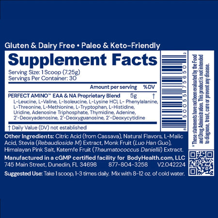Perfect Amino Powder Strawberry Nutrition Facts Panel Showing Amino Acid Blend Ingredients and Serving Details