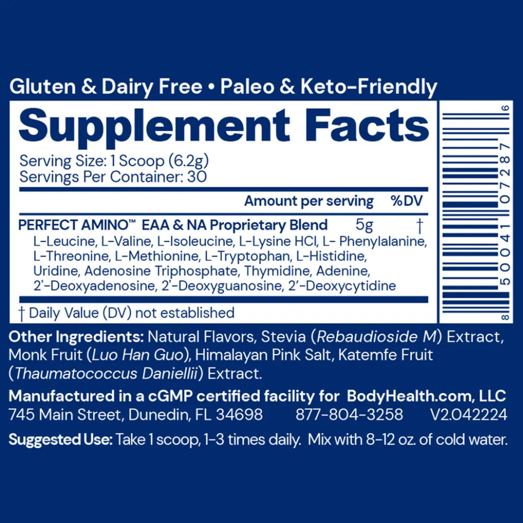 Perfect Amino Powder Vanilla Nutrition Facts Label Showing Essential Amino Acid Blend and Ingredient Details