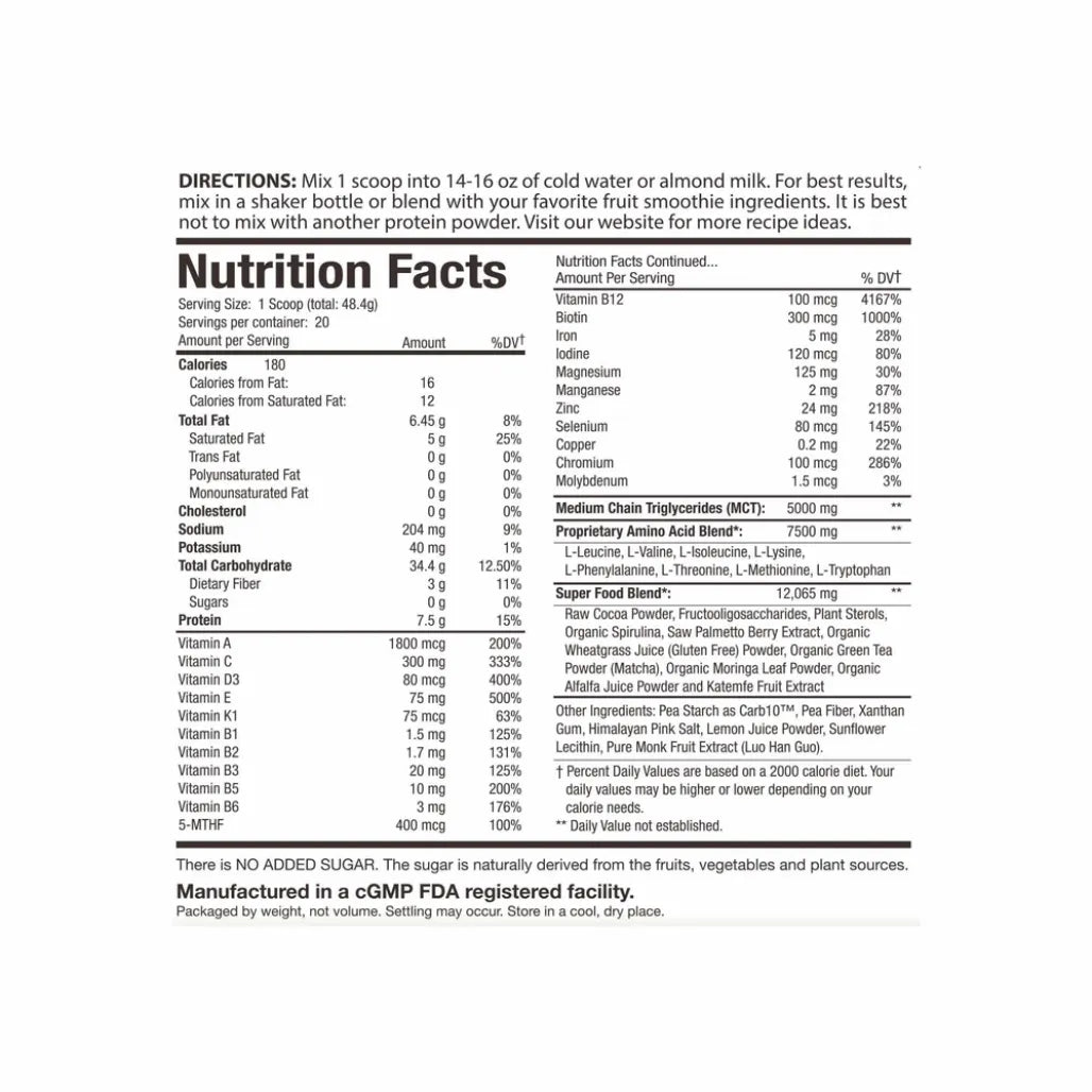Perfect Amino Power Meal Chocolate Nutrition Facts Label Showing Protein, Vitamins, Minerals and Superfood Ingredient Details
