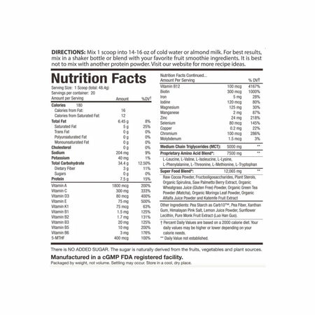 Perfect Amino Power Meal Chocolate Nutrition Facts Label Showing Protein, Vitamins, Minerals and Superfood Ingredient Details