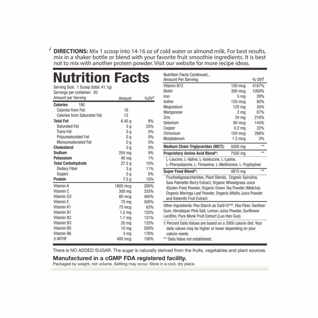 Perfect Amino Power Meal Vanilla Nutrition Facts Label Showing Protein, Vitamins, Minerals, MCT Oil and Ingredient Details