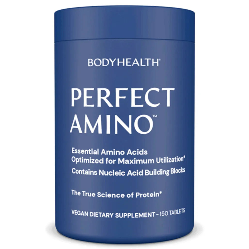BodyHealth Perfect Amino tablets bottle – essential amino acid supplement for muscle recovery, protein synthesis, and lean muscle support