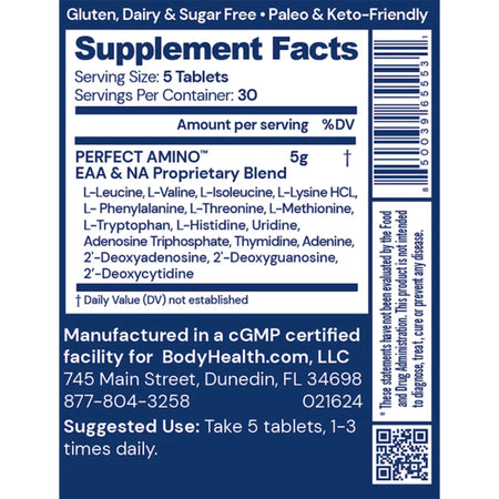 BodyHealth Perfect Amino supplement facts label showing essential amino acids, vegan dietary supplement formula for optimal protein utilization