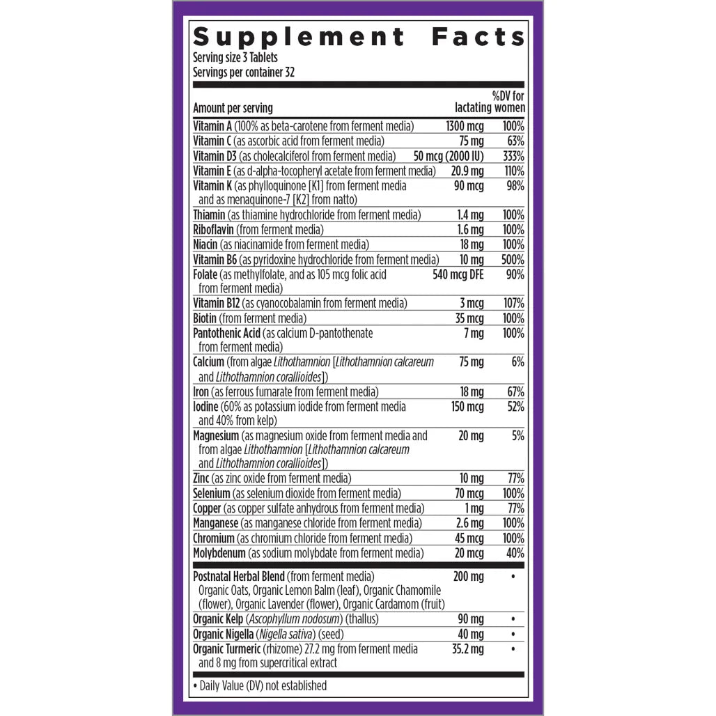 Ingredients of Perfect Postnatal 96 tabs dietary supplement - vitamin A, vitamin C, niacin