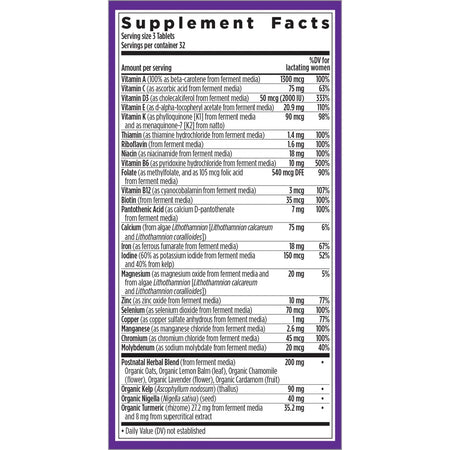 Ingredients of Perfect Postnatal 96 tabs dietary supplement - vitamin A, vitamin C, niacin
