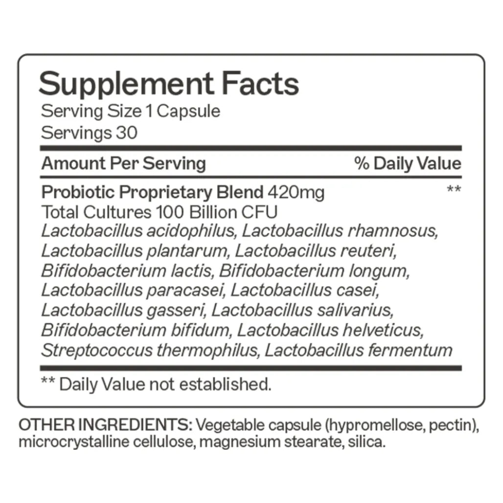 Nutritional details for Amy Myers MD Probiotic 100 Billion, a potent and replenishing 30-capsule dietary supplement designed for maximum gut health and microbiome balance.