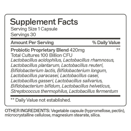 Nutritional details for Amy Myers MD Probiotic 100 Billion, a potent and replenishing 30-capsule dietary supplement designed for maximum gut health and microbiome balance.
