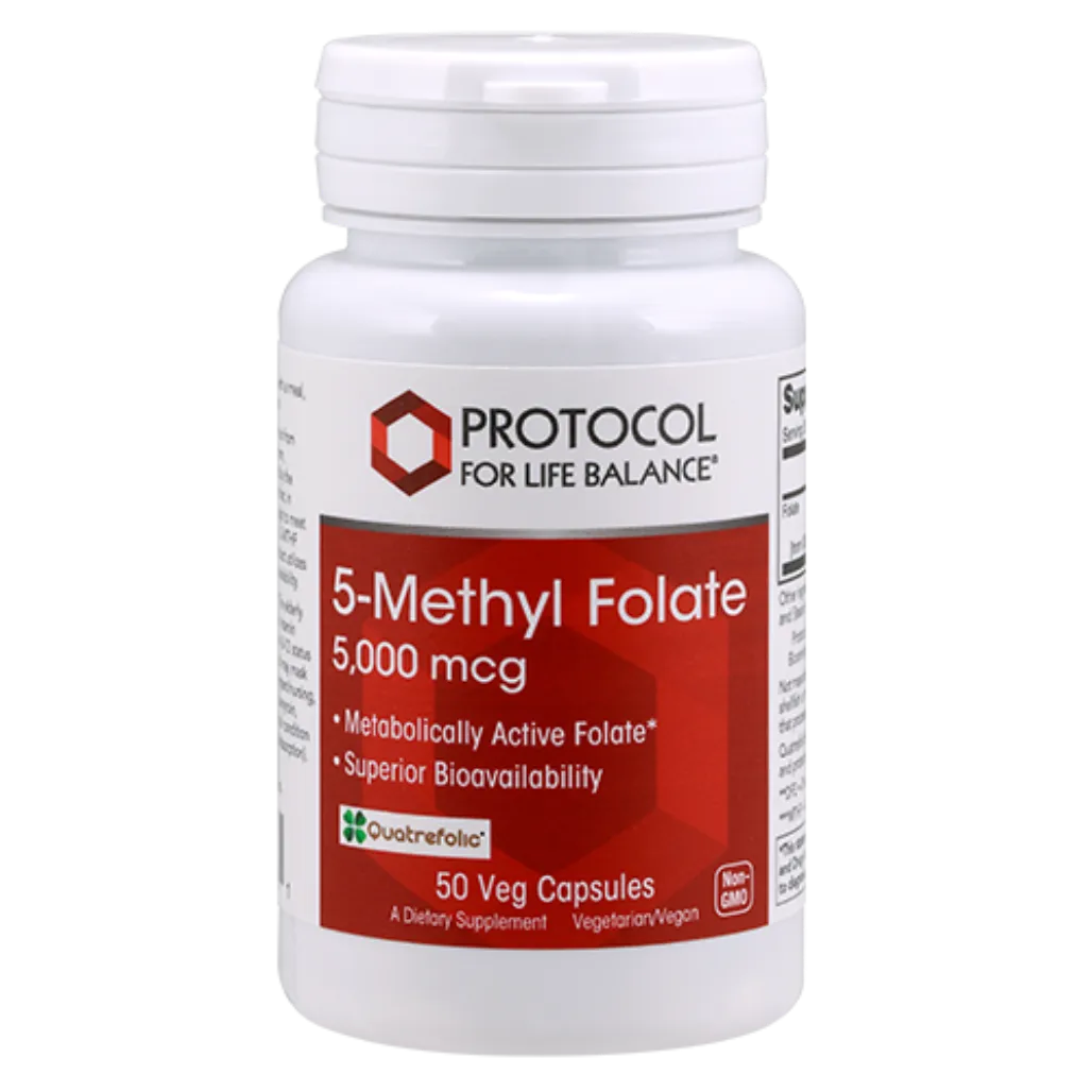 5-Methyl Folate 5000 mcg capsules by Protocol For Life Balance bottle with active L-5-MTHF folate formula