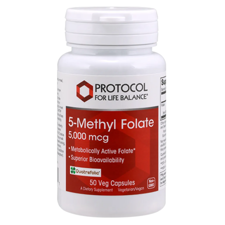 5-Methyl Folate 5000 mcg capsules by Protocol For Life Balance bottle with active L-5-MTHF folate formula