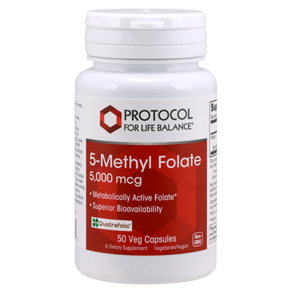 5-Methyl Folate 5000 mcg capsules by Protocol For Life Balance bottle with active L-5-MTHF folate formula