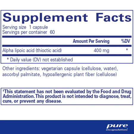 Pure Encapsulations Alpha Lipoic Acid 400 mg supplements ingredients