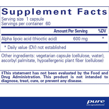 Pure Encapsulations Alpha Lipoic Acid 600 mg supplements facts