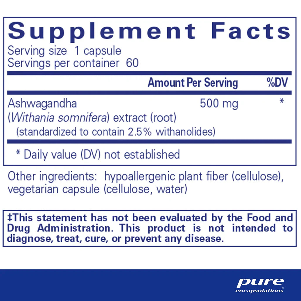 Pure Encapsulations Ashwagandha 500 mg supplements facts