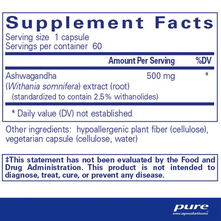 Pure Encapsulations Ashwagandha 500 mg supplements facts