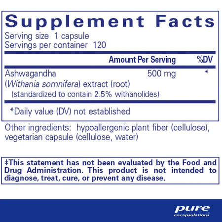 Pure Encapsulations Ashwagandha 500 mg ingredients