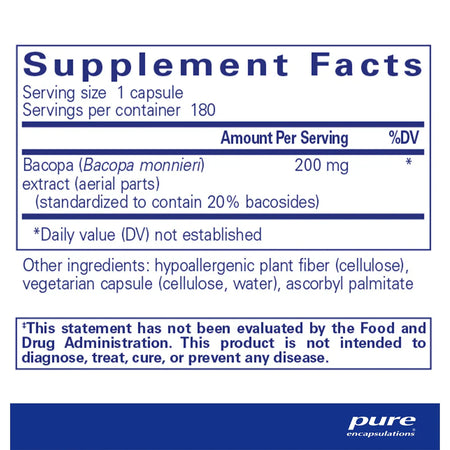 Pure Encapsulations Bacopa Monnieri 200 mg supplements facts